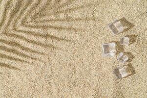 Tropical palm tree leaf shadow and ice cubes on beach sand background. Minimal summer concept. An original background image with a play of light and shadow. Creative copy space. Exotic flat lay. photo