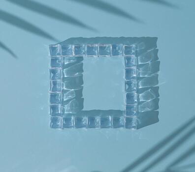 Summer sunlight composition with ice cubes and tropical palm leaves shadow on blue color background. Minimal summertime drink concept. Creative copy space. Flat lay, top of view. photo