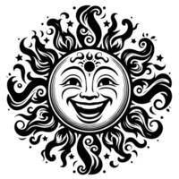 Black and white Silhouette of a sun symbol with a smiling happy Face vector