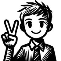 Black and white Silhouette of a student guy showing the peace sign scribble vector