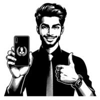 Black and white Silhouette of a indian guy with a smartphone and thumbs up vector