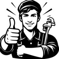 Black and white Silhouette of a plumber holding thumbs up and smiling Face vector