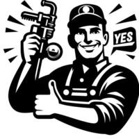 Black and white Silhouette of a plumber holding thumbs up and smiling Face vector