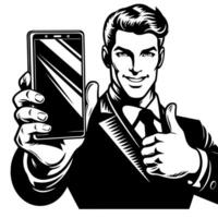 Black and white Silhouette of a indian guy with a smartphone and thumbs up vector