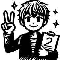 Black and white Silhouette of a student guy showing the peace sign scribble vector