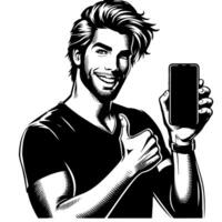 Black and white Silhouette of a indian guy with a smartphone and thumbs up vector