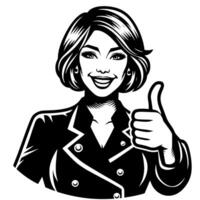 Black and white Silhouette of a female business woman manager holding thumbs up in a business outfit vector