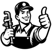 Black and white Silhouette of a plumber holding thumbs up and smiling Face vector