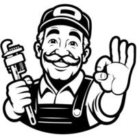 Black and white Silhouette of a plumber holding thumbs up and smiling Face vector