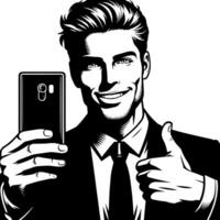 Black and white Silhouette of a indian guy with a smartphone and thumbs up vector