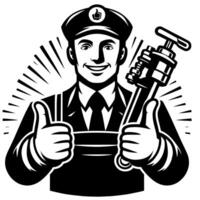 Black and white Silhouette of a plumber holding thumbs up and smiling Face vector