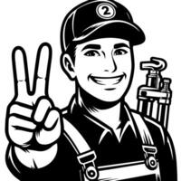 Black and white Silhouette of a plumber holding thumbs up and smiling Face vector