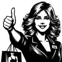 Black and white Silhouette of a female business woman manager holding thumbs up in a business outfit vector