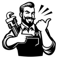 Black and white Silhouette of a plumber holding thumbs up and smiling Face vector