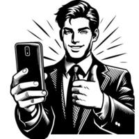 Black and white Silhouette of a indian guy with a smartphone and thumbs up vector