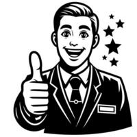 Black and white Silhouette of a shop manager holding thumbs up and smiling Face vector