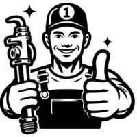 Black and white Silhouette of a plumber holding thumbs up and smiling Face vector