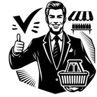 Black and white Silhouette of a shop manager holding thumbs up and smiling Face vector