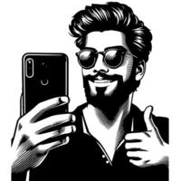 Black and white Silhouette of a indian guy with a smartphone and thumbs up vector