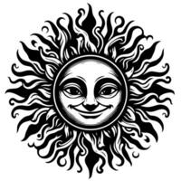 Black and white Silhouette of a sun symbol with a smiling happy Face vector