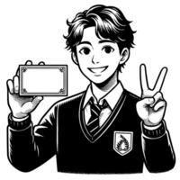 Black and white Silhouette of a student guy showing the peace sign scribble vector