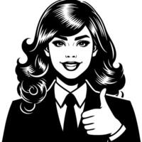 Black and white Silhouette of a female business woman manager holding thumbs up in a business outfit vector