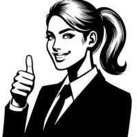 Black and white Silhouette of a female business woman manager holding thumbs up in a business outfit vector