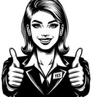 Black and white Silhouette of a female business woman manager holding thumbs up in a business outfit vector