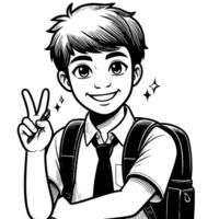 Black and white Silhouette of a student guy showing the peace sign scribble vector