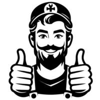 Black and white Silhouette of a plumber holding thumbs up and smiling Face vector