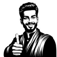 Black and white Silhouette of a indian guy in a positive happy pose and holding thumbs up vector