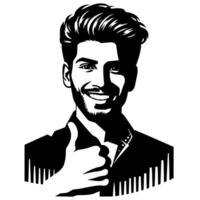 Black and white Silhouette of a indian guy in a positive happy pose and holding thumbs up vector