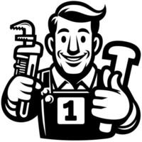 Black and white Silhouette of a plumber holding thumbs up and smiling Face vector