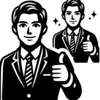 Black and white Silhouette of a shop manager holding thumbs up and smiling Face vector