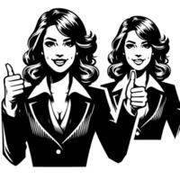 Black and white Silhouette of a female business woman manager holding thumbs up in a business outfit vector