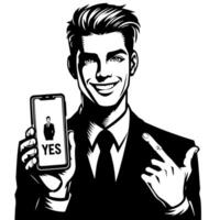 Black and white Silhouette of a indian guy with a smartphone and thumbs up vector