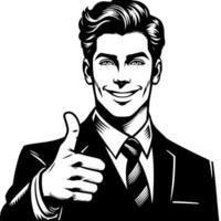Black and white Silhouette of a shop manager holding thumbs up and smiling Face vector