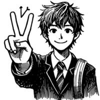 Black and white Silhouette of a student guy showing the peace sign scribble vector