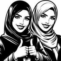 Black and white Silhouette of a group of a female muslim woman holding thumbs up in a casual outfit vector