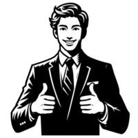 Black and white Silhouette of a shop manager holding thumbs up and smiling Face vector