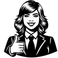 Black and white Silhouette of a female business woman manager holding thumbs up in a business outfit vector