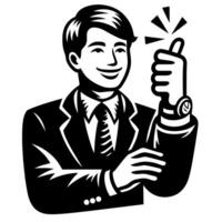 Black and white Silhouette of a shop manager holding thumbs up and smiling Face vector