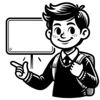 Black and white Silhouette of a student guy showing the peace sign scribble vector