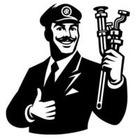 Black and white Silhouette of a plumber holding thumbs up and smiling Face vector