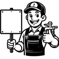 Black and white Silhouette of a plumber holding thumbs up and smiling Face vector