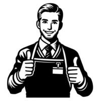 Black and white Silhouette of a shop manager holding thumbs up and smiling Face vector