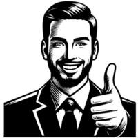 Black and white Silhouette of a shop manager holding thumbs up and smiling Face vector