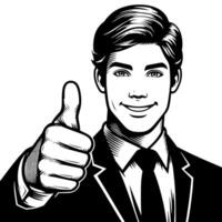 Black and white Silhouette of a shop manager holding thumbs up and smiling Face vector