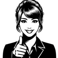 Black and white Silhouette of a female business woman manager holding thumbs up in a business outfit vector