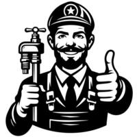 Black and white Silhouette of a plumber holding thumbs up and smiling Face vector